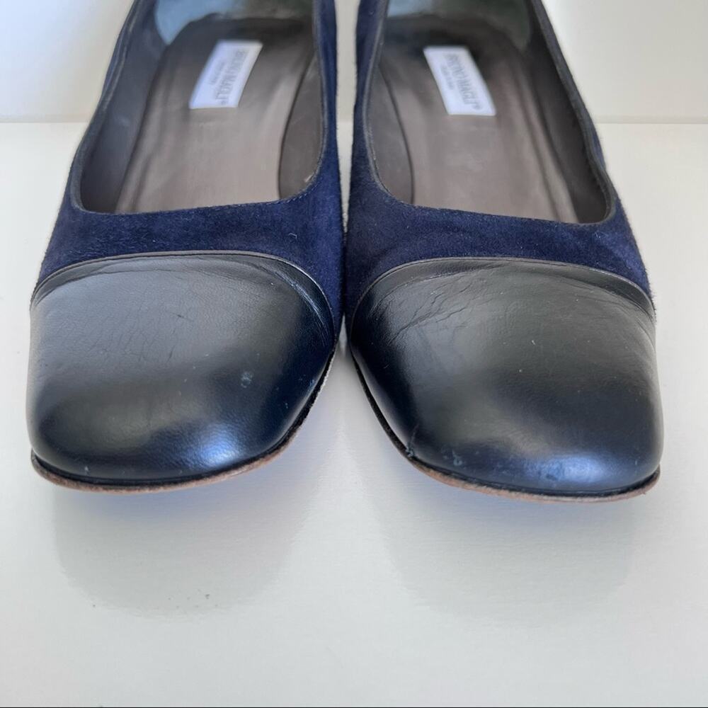 Bruno Magli Classic Suede Block Leather‎ Chunky Navy Heels Pumps - Picture 7 of 12